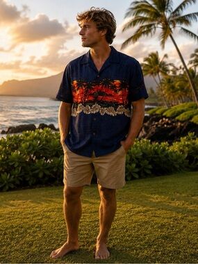 Reserve Collection Hawaiian Sunset Aloha Shirt Tropical Camp Large